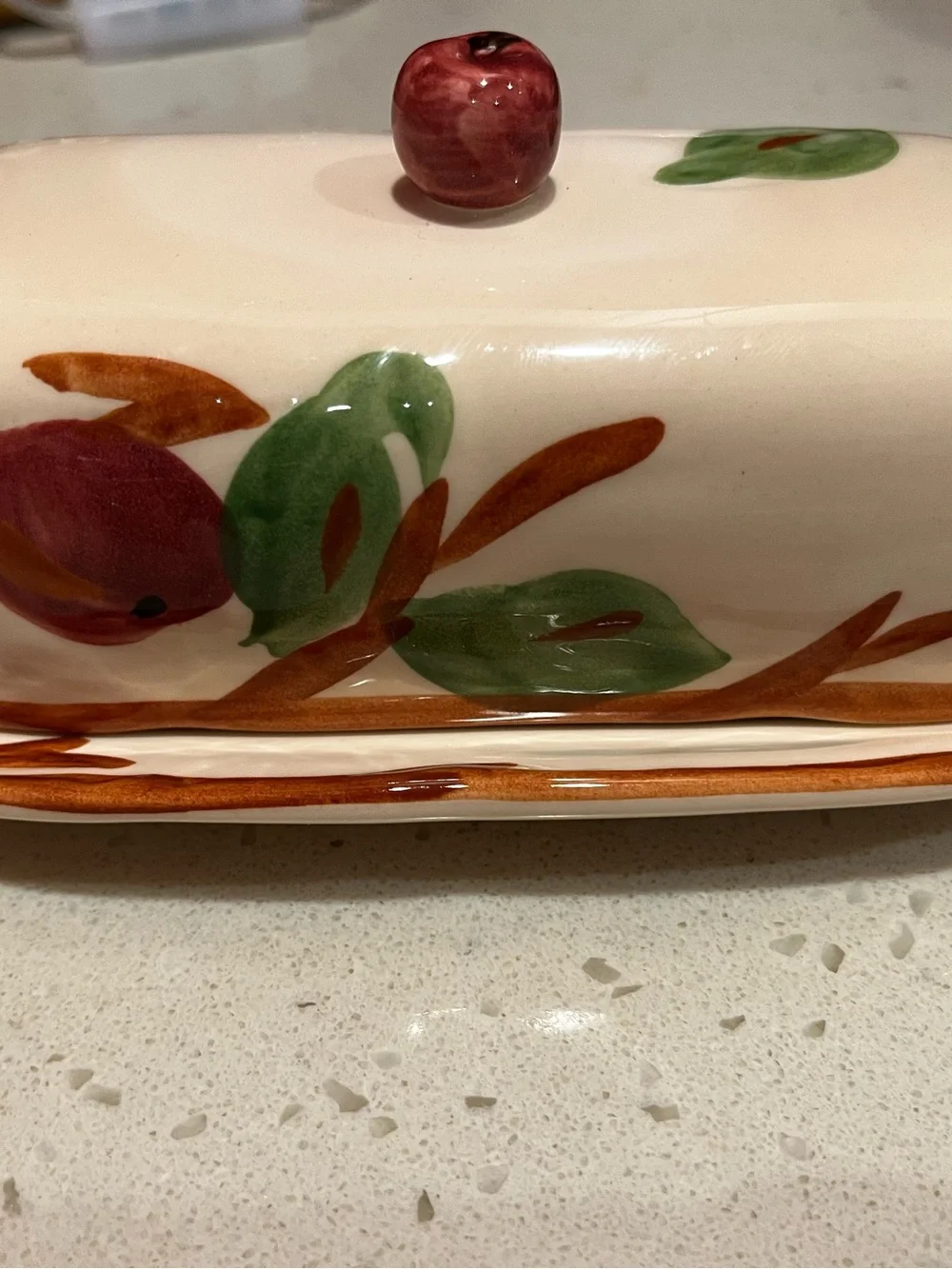 Franciscan Apple theme Covered Butter Dish in Cream with Red - Picture 2 of 6